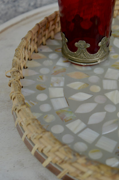 Round Marble Inlay Tray with Wicker Border | Handcrafted Home Décor
