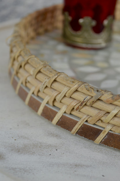 Round Marble Inlay Tray with Wicker Border | Handcrafted Home Décor