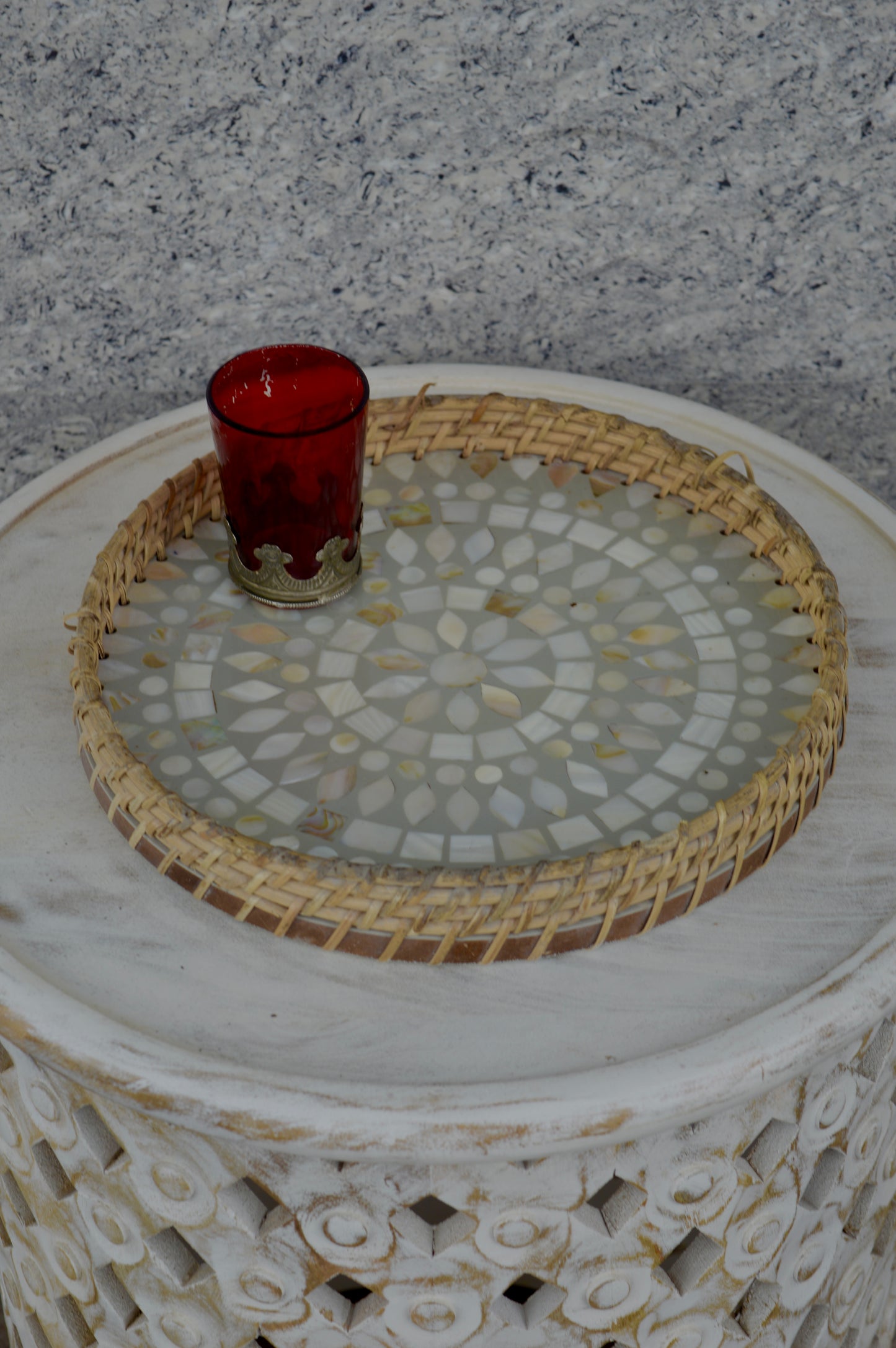 Round Marble Inlay Tray with Wicker Border | Handcrafted Home Décor