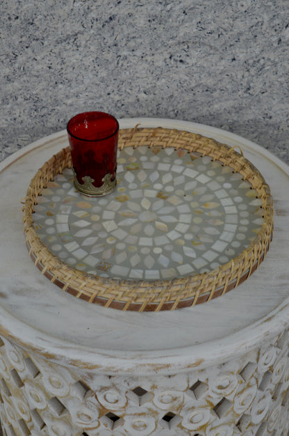 Round Marble Inlay Tray with Wicker Border | Handcrafted Home Décor