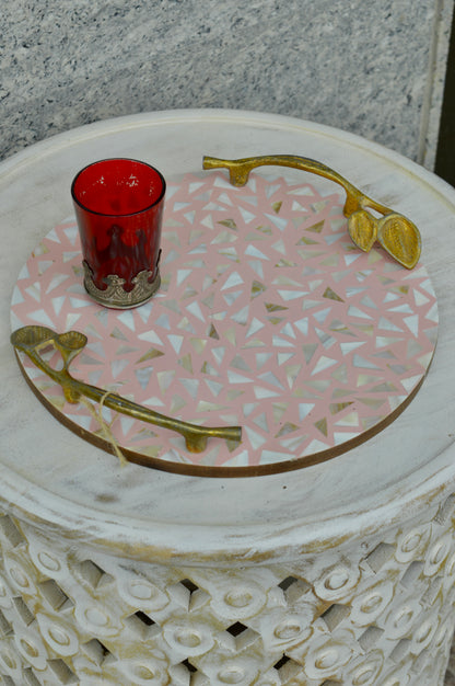 Luxury Round Pink Mother of Pearl Inlay Decorative Serving Tray with Golden Leaf Handles – Designer Coffee & Tea Table Tray for Home Décor