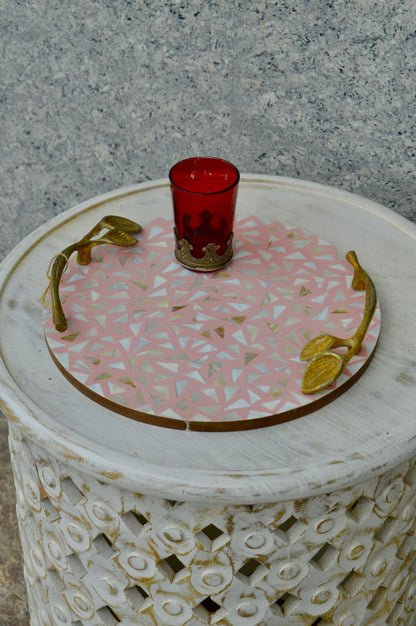 Luxury Round Pink Mother of Pearl Inlay Decorative Serving Tray with Golden Leaf Handles – Designer Coffee & Tea Table Tray for Home Décor