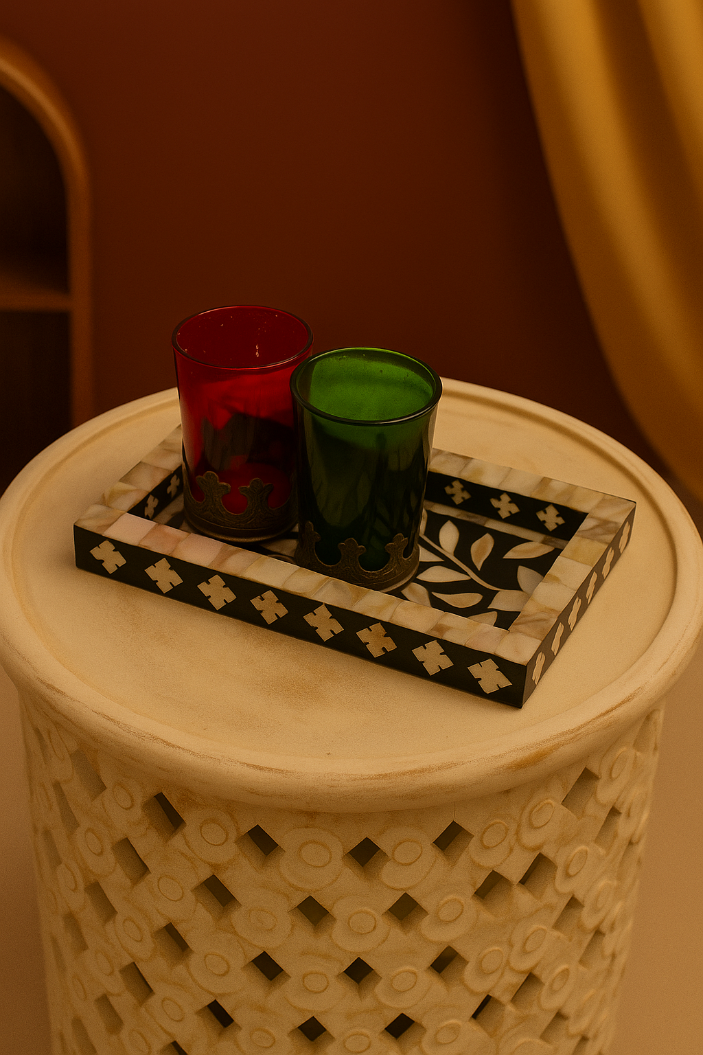 Luxury Black & White Mother of Pearl Inlay Rectangular Tray with Decorative Glasses – Elegant Home Décor & Serving Accent