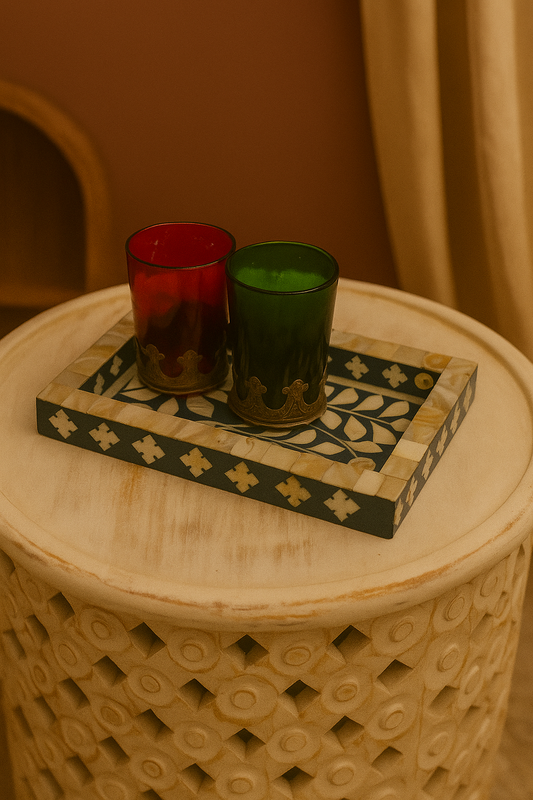 Luxury Blue & White Mother of Pearl Inlay Rectangular Tray with Decorative Glasses – Elegant Home Décor & Serving Accent