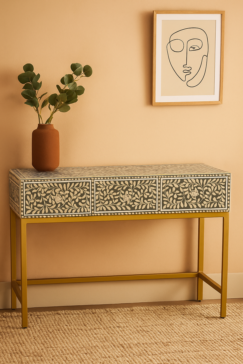 Luxury Bone Inlay Console Table with Floral Design & Gold Base – Elegant Entryway & Living Room Furniture