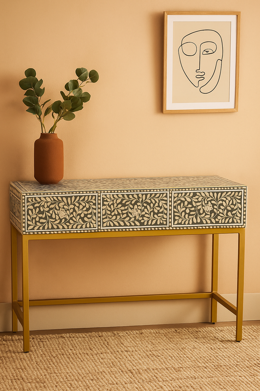 Luxury Bone Inlay Console Table with Floral Design & Gold Base – Elegant Entryway & Living Room Furniture