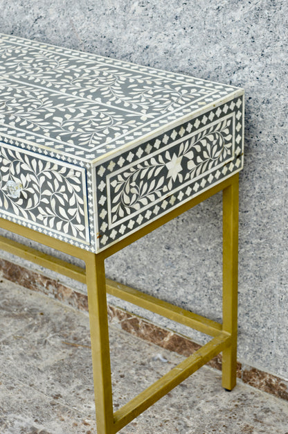 Luxury Bone Inlay Console Table with Floral Design & Gold Base – Elegant Entryway & Living Room Furniture