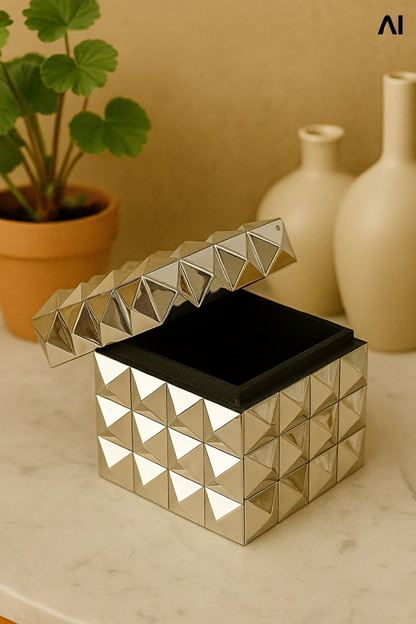 Luxury Cube-Shaped Decorative Box in Mirrored Silver Finish with Geometric Stud Design – Modern Storage Organizer & Home Accent
