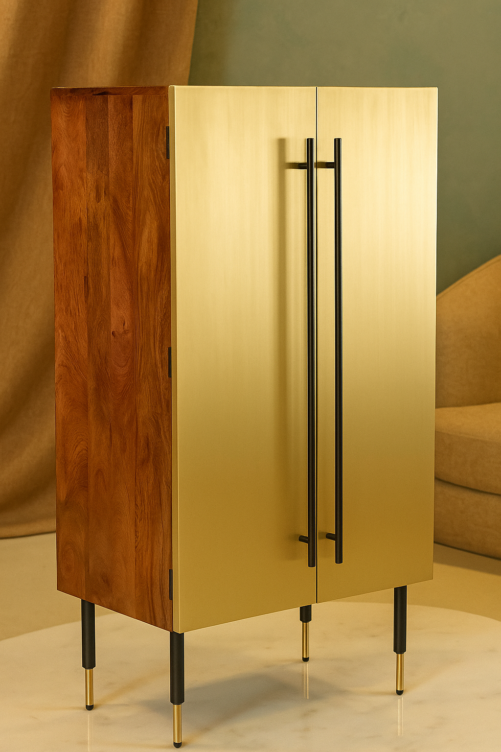 Luxury Golden Brass Finish & Solid Wood Cabinet with Modern Black Handles – Stylish Bar & Storage Unit
