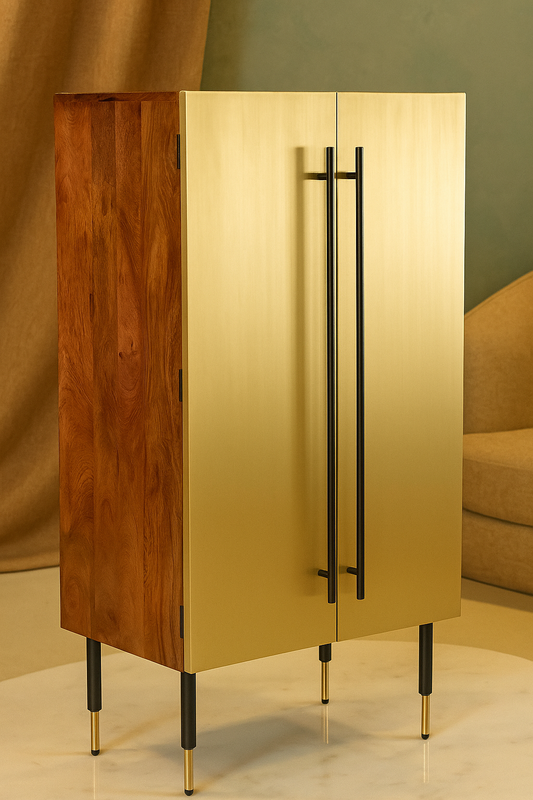 Luxury Golden Brass Finish & Solid Wood Cabinet with Modern Black Handles – Stylish Bar & Storage Unit