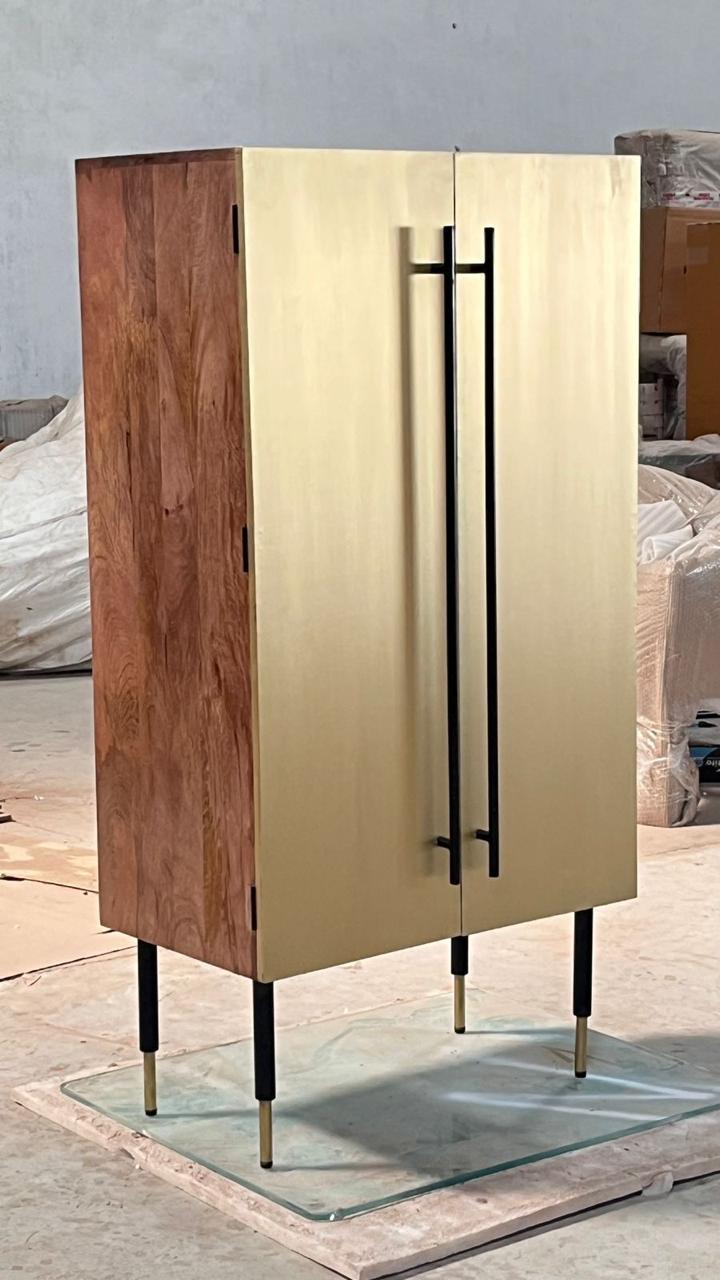 Luxury Golden Brass Finish & Solid Wood Cabinet with Modern Black Handles – Stylish Bar & Storage Unit