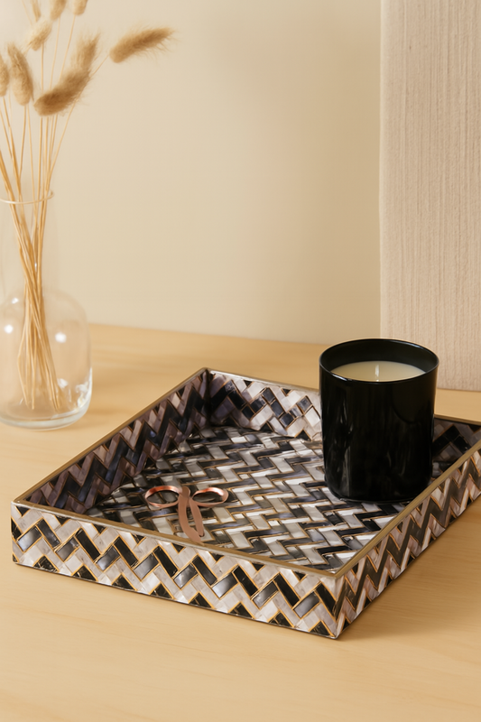 Luxury Mother-of-Pearl Decorative Tray with Geometric Black & White Pattern – Stylish Organizer, Candle Holder & Home Accent for Modern Interiors