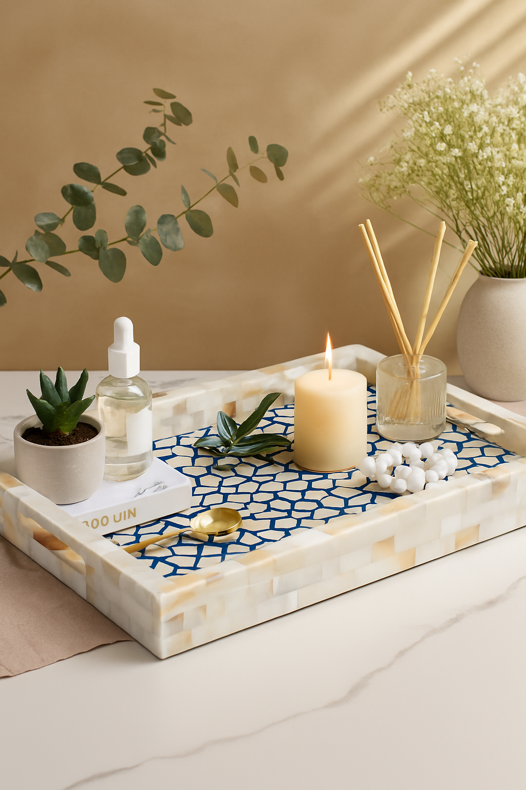 Luxury Mother-of-Pearl Decorative Tray with Geometric Blue Pattern – Spa Organizer, Candle Holder & Home Accent for Modern Interiors