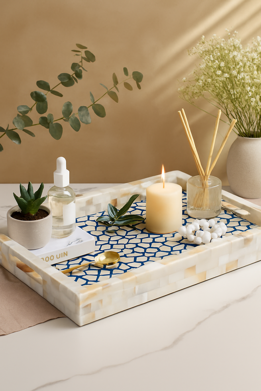 Luxury Mother-of-Pearl Decorative Tray with Geometric Blue Pattern – Spa Organizer, Candle Holder & Home Accent for Modern Interiors