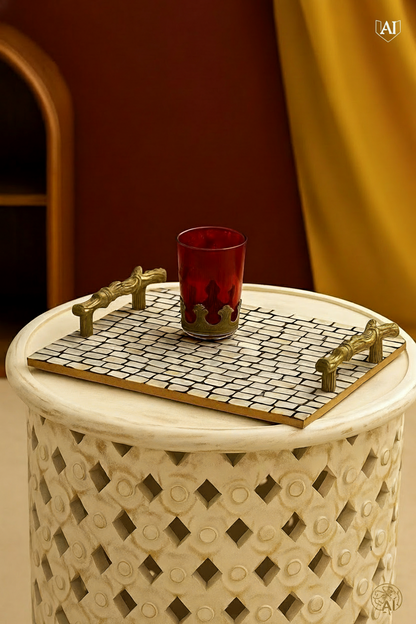 Luxury Mother of Pearl Decorative Serving Tray with Golden Handles – Designer Coffee & Tea Table Tray for Home & Kitchen Décor