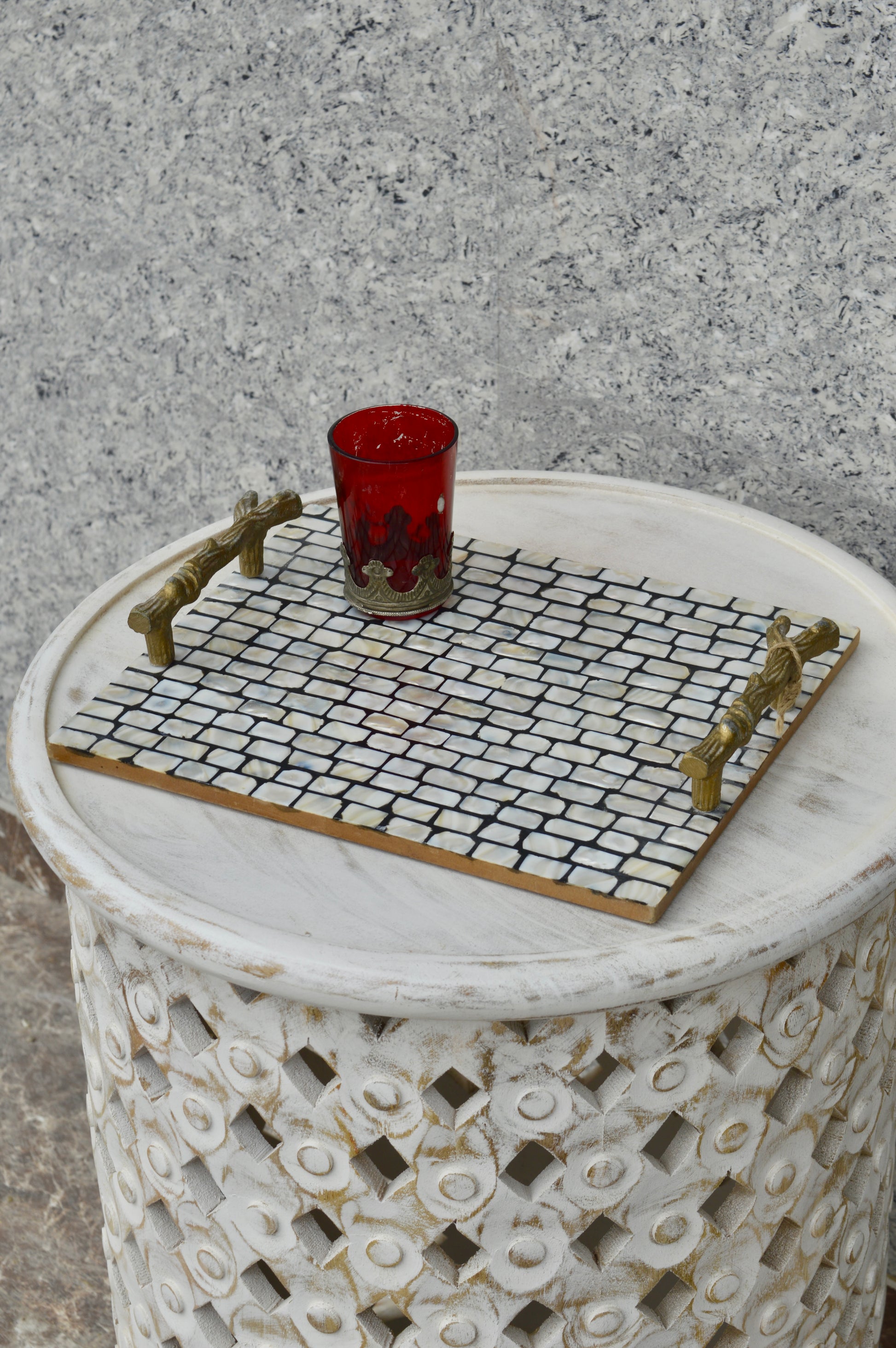 Luxury Mother of Pearl Decorative Serving Tray with Golden Handles – Designer Coffee & Tea Table Tray for Home & Kitchen Décor