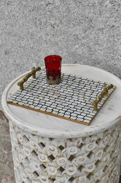 Luxury Mother of Pearl Decorative Serving Tray with Golden Handles – Designer Coffee & Tea Table Tray for Home & Kitchen Décor