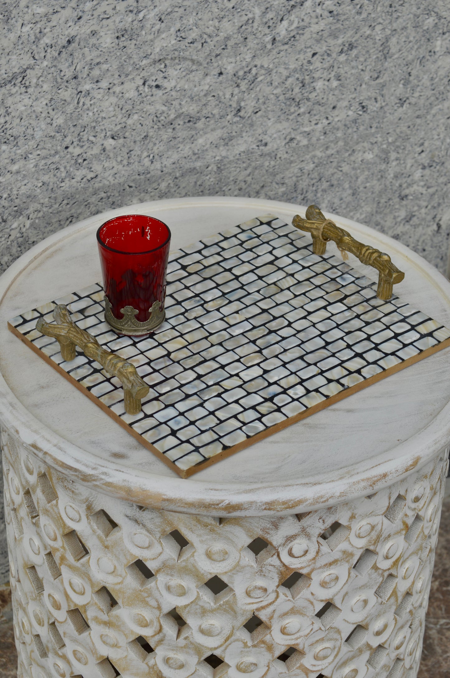 Luxury Mother of Pearl Decorative Serving Tray with Golden Handles – Designer Coffee & Tea Table Tray for Home & Kitchen Décor