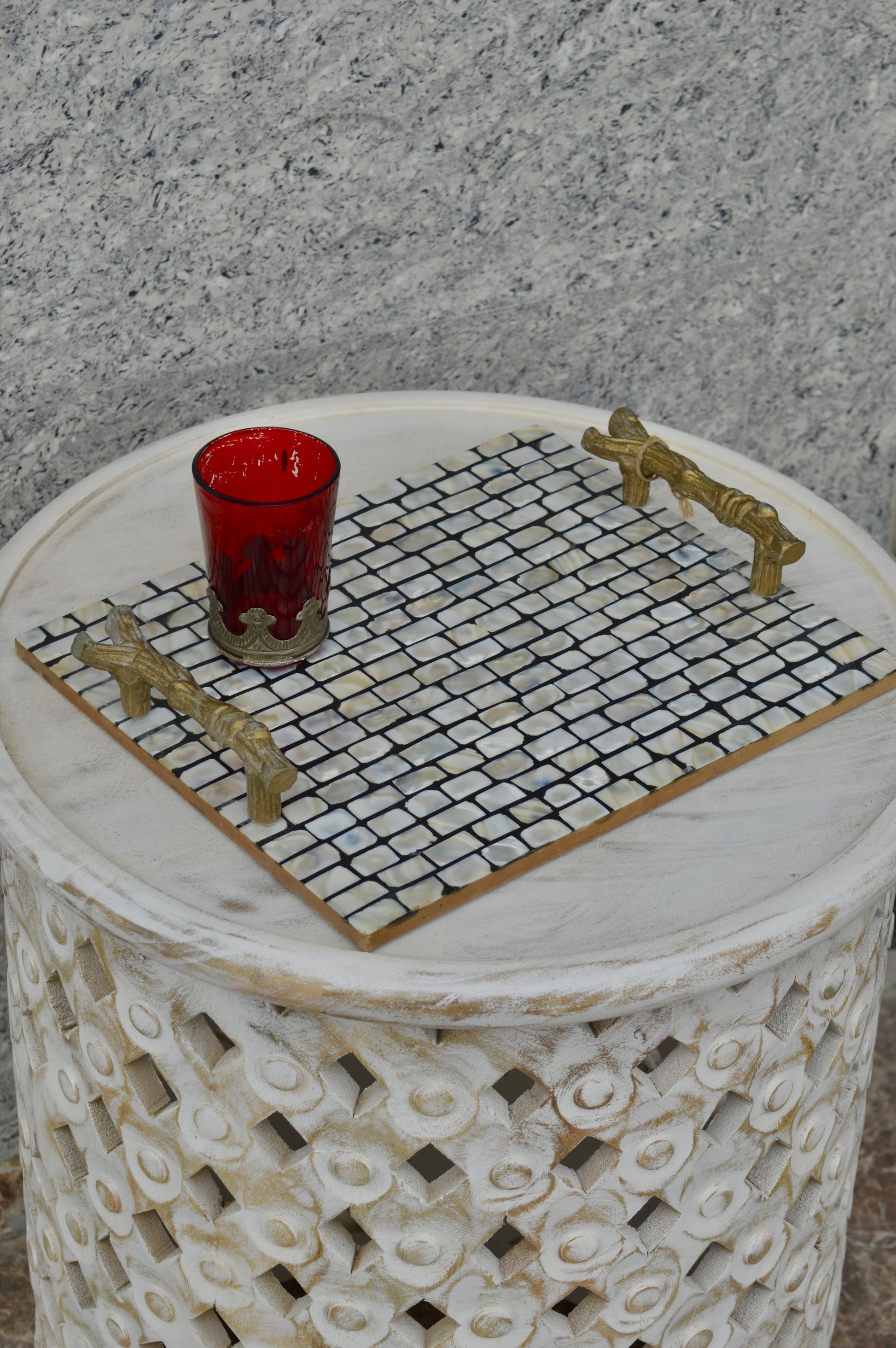 Luxury Mother of Pearl Decorative Serving Tray with Golden Handles – Designer Coffee & Tea Table Tray for Home & Kitchen Décor