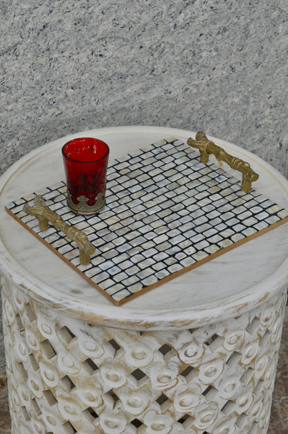 Luxury Mother of Pearl Decorative Serving Tray with Golden Handles – Designer Coffee & Tea Table Tray for Home & Kitchen Décor