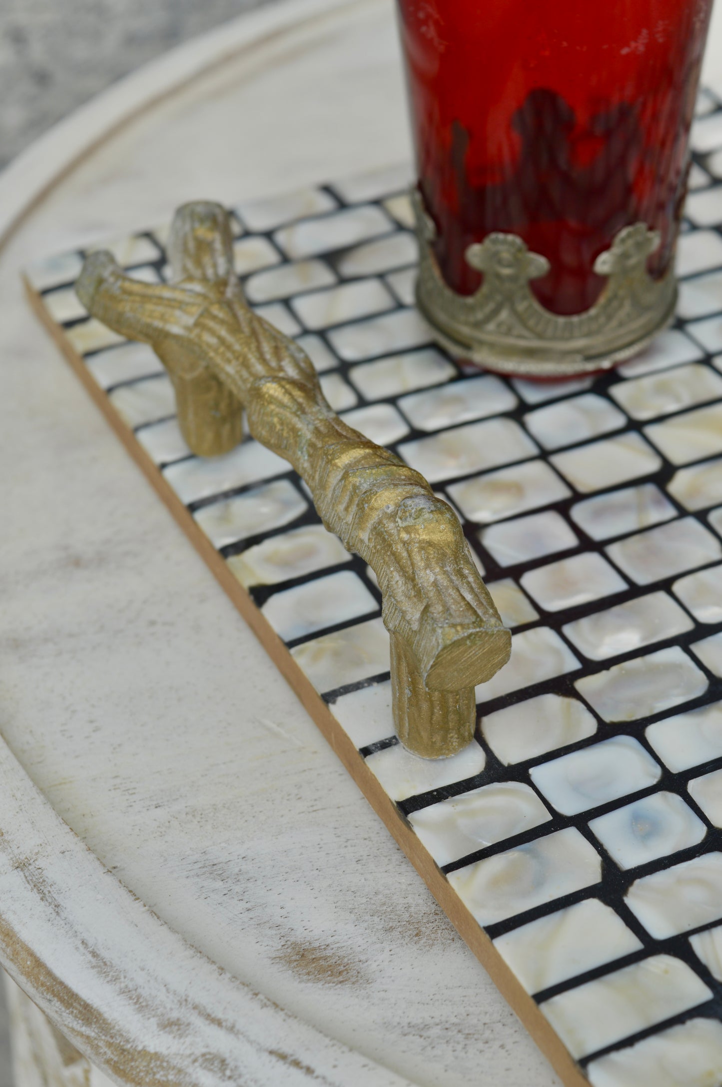 Luxury Mother of Pearl Decorative Serving Tray with Golden Handles – Designer Coffee & Tea Table Tray for Home & Kitchen Décor