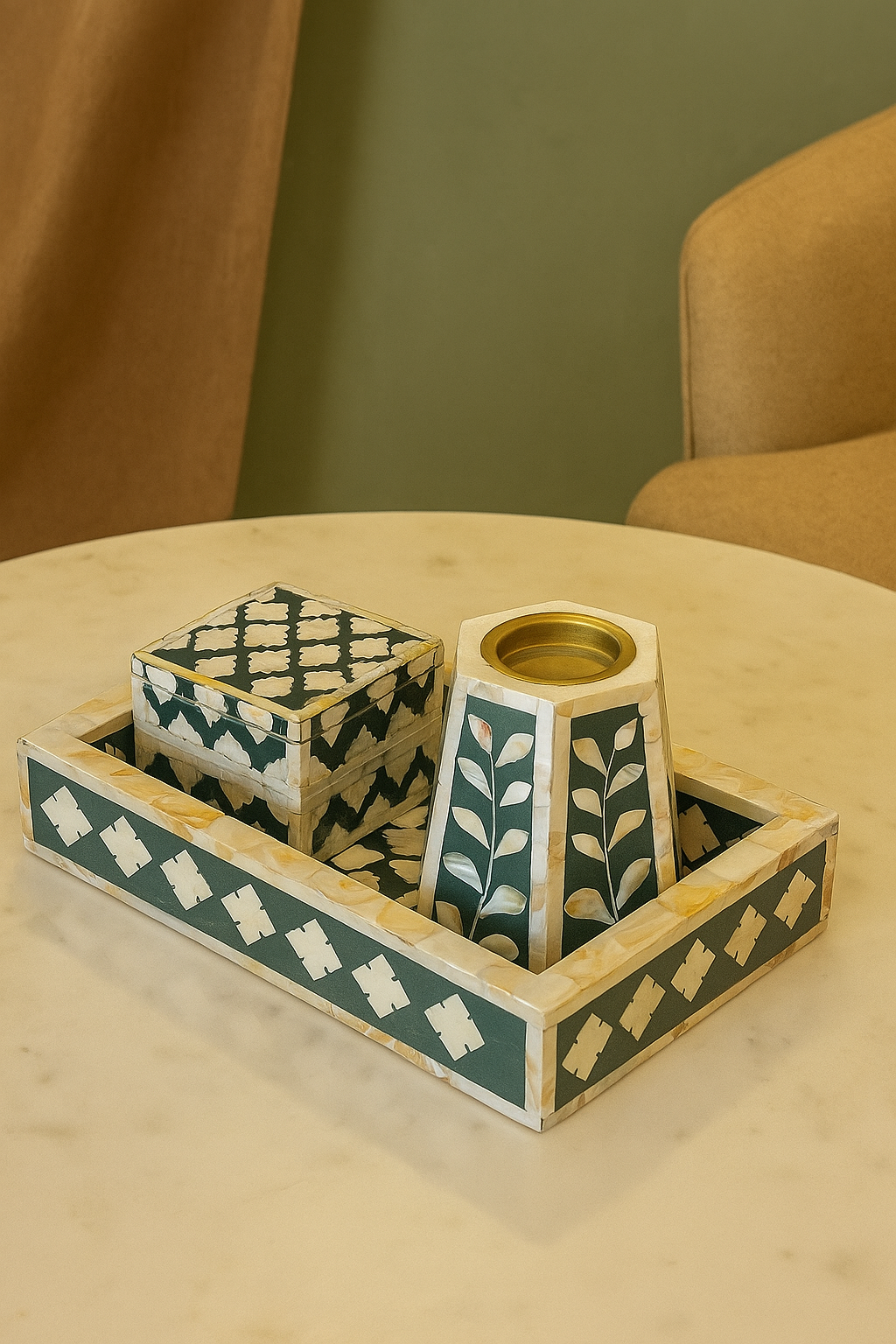 Luxury Mother of Pearl Inlay Decorative Tray Set with Candle Stand & Keepsake Box – Handcrafted Home Décor