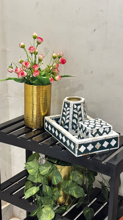 Luxury Mother of Pearl Inlay Decorative Tray Set with Candle Stand & Keepsake Box – Handcrafted Home Décor