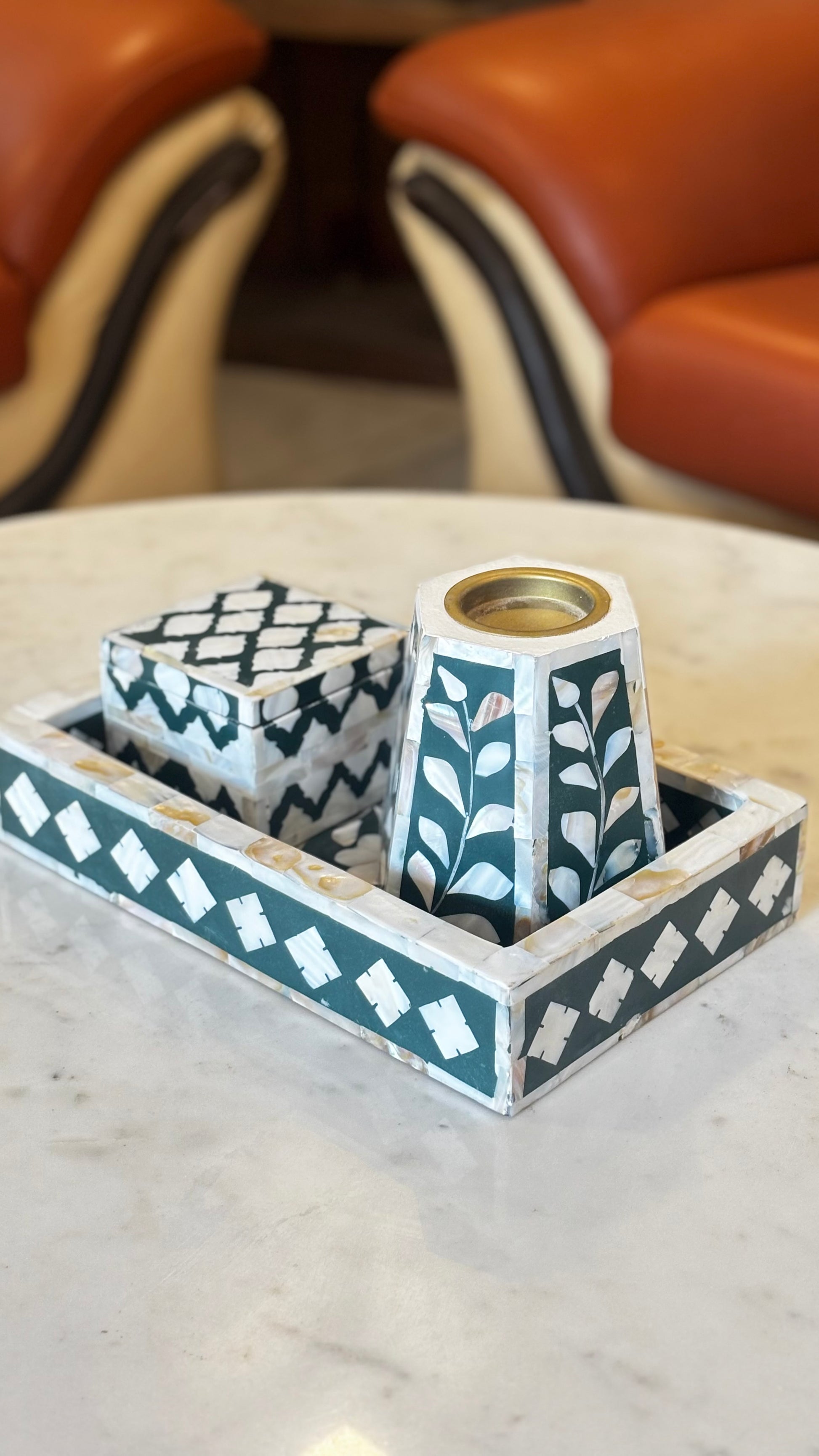 Luxury Mother of Pearl Inlay Decorative Tray Set with Candle Stand & Keepsake Box – Handcrafted Home Décor