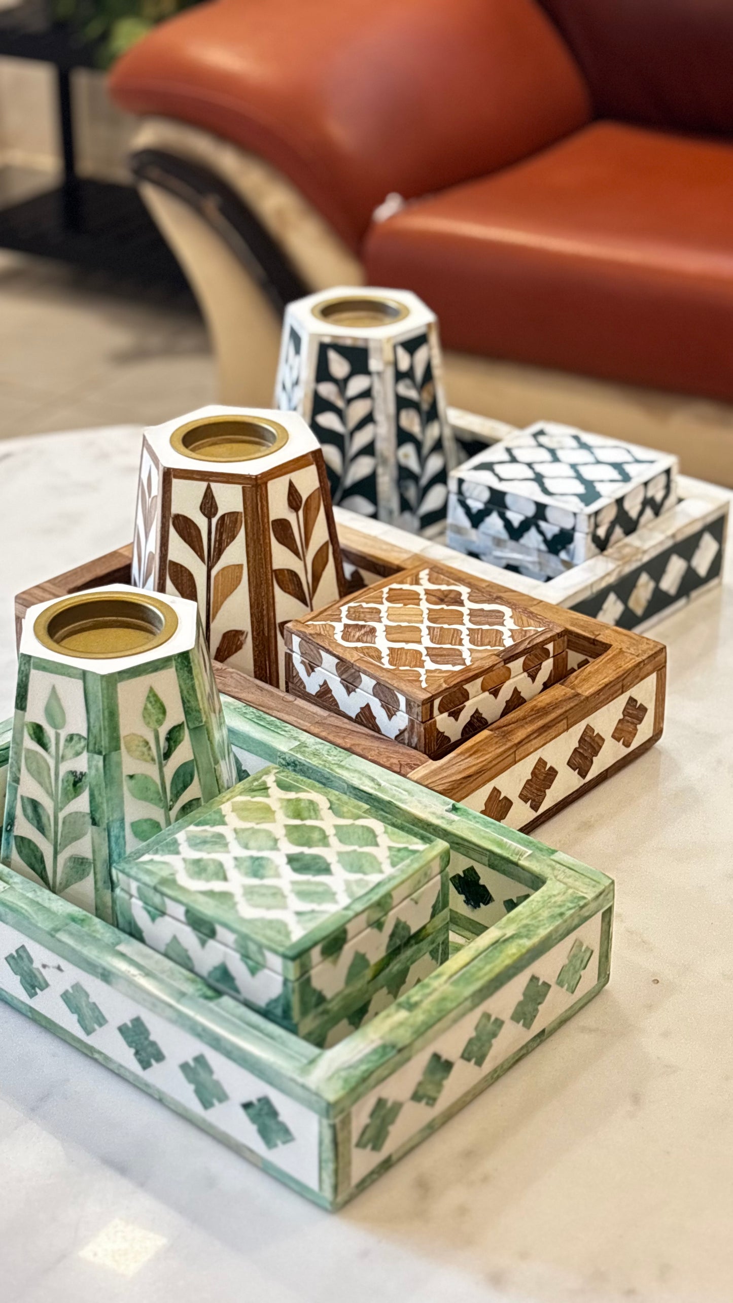 Luxury Mother of Pearl Inlay Decorative Tray Set with Candle Stand & Keepsake Box – Handcrafted Home Décor