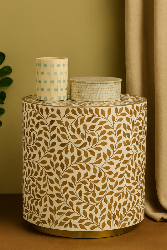 Luxury Round Bone Inlay Side Table with Floral Vine Pattern – Handcrafted Decorative Accent Table for Living Room & Bedroom