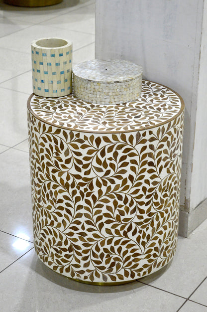 Luxury Round Bone Inlay Side Table with Floral Vine Pattern – Handcrafted Decorative Accent Table for Living Room & Bedroom