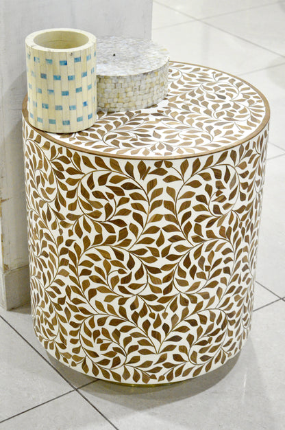 Luxury Round Bone Inlay Side Table with Floral Vine Pattern – Handcrafted Decorative Accent Table for Living Room & Bedroom