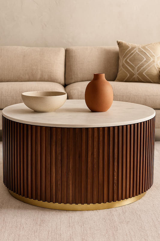 Luxury Round Coffee Table with White Marble Top & Wooden Fluted Base – Modern Living Room Centerpiece
