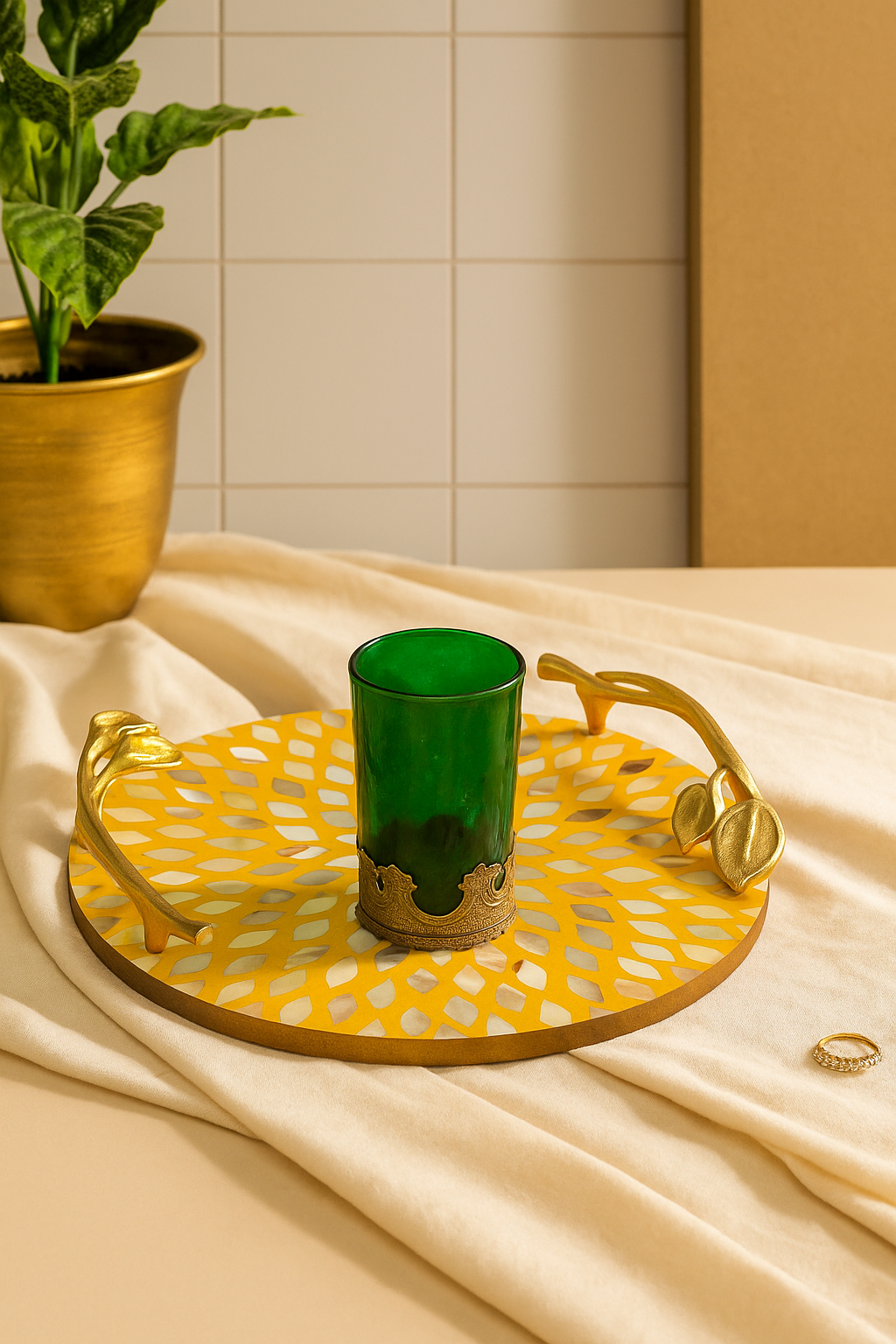 Luxury Round Mother of Pearl Serving Tray with Golden Leaf Handles – Designer Coffee & Tea Tray for Home Décor