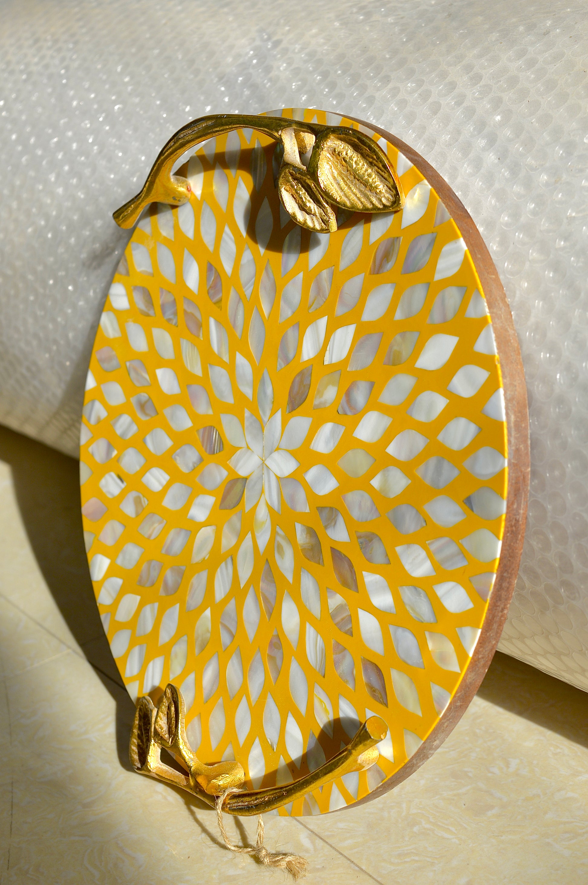 Luxury Round Mother of Pearl Serving Tray with Golden Leaf Handles – Designer Coffee & Tea Tray for Home Décor