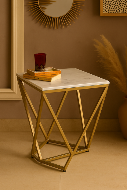 Modern Geometric Side Table – White Marble Top with Gold Metal Base for Luxury Home Décor