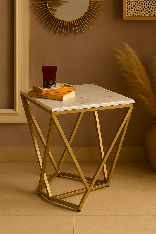 Modern Geometric Side Table – White Marble Top with Gold Metal Base for Luxury Home Décor