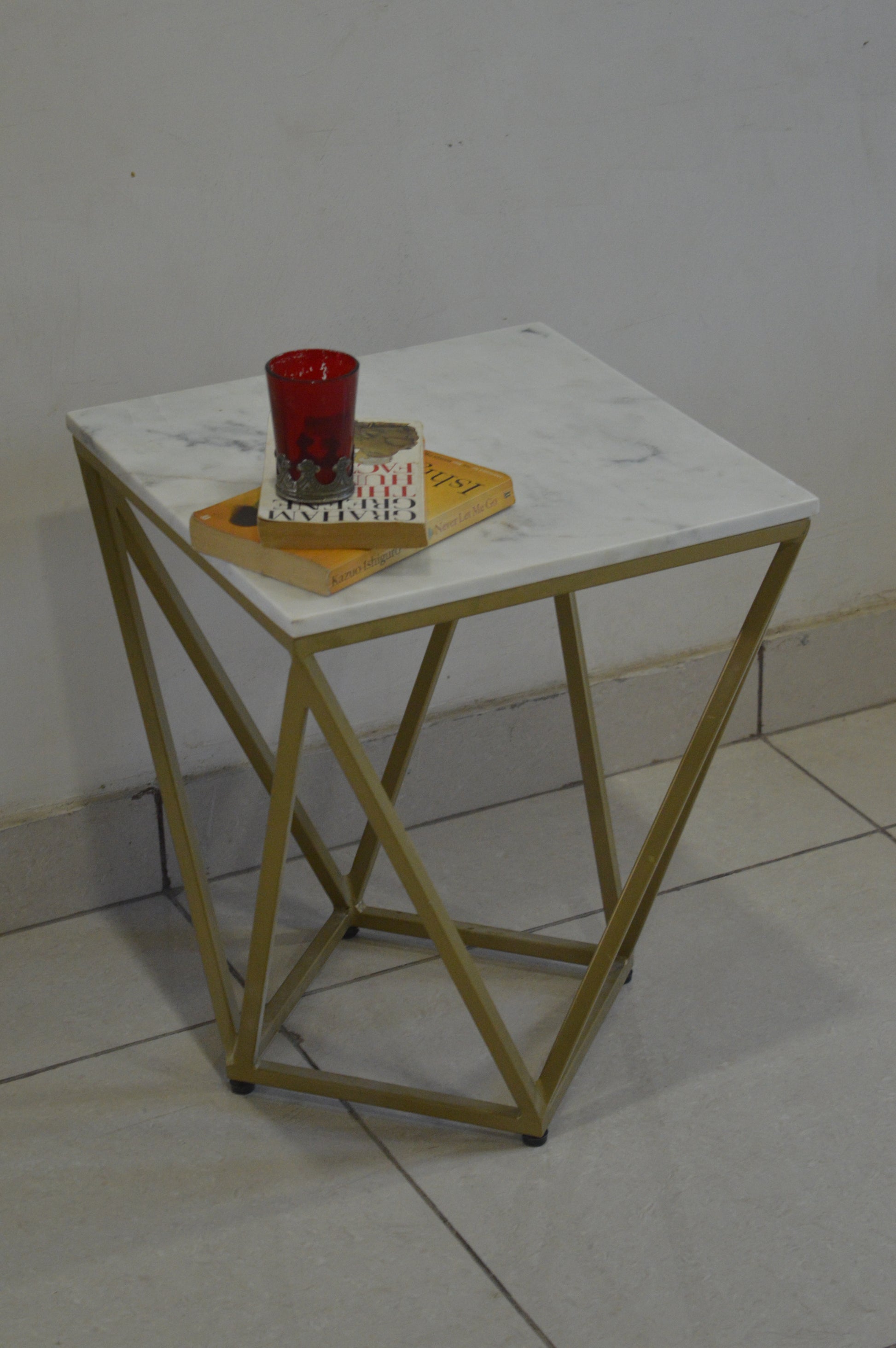 Modern Geometric Side Table – White Marble Top with Gold Metal Base for Luxury Home Décor