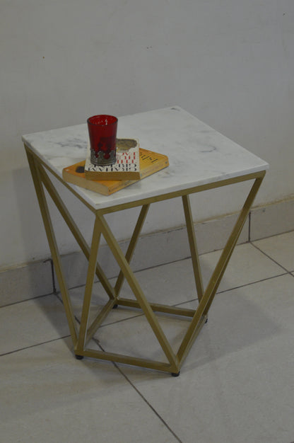 Modern Geometric Side Table – White Marble Top with Gold Metal Base for Luxury Home Décor
