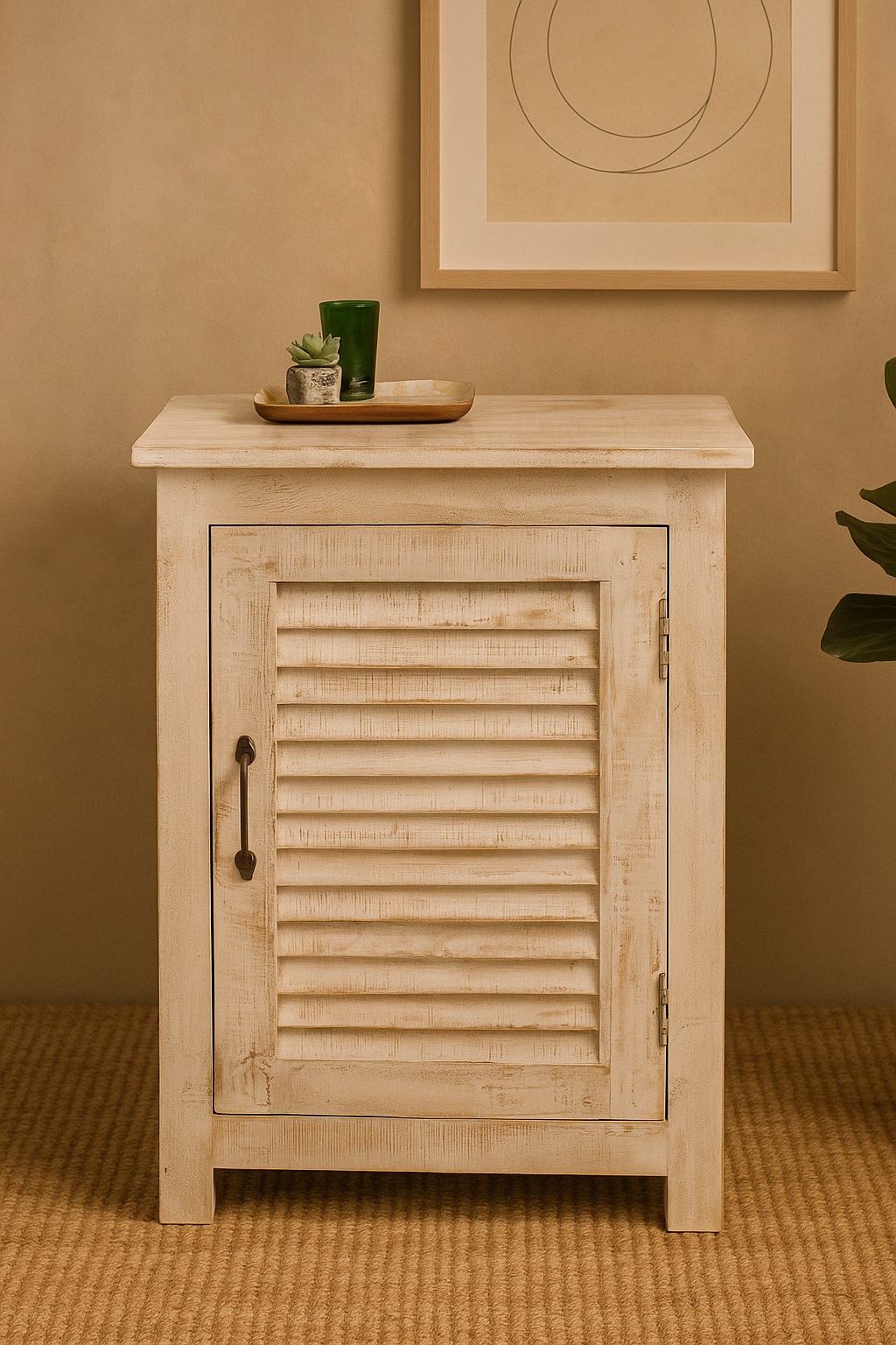 Rustic White Wooden Cabinet with Shutter Door – Farmhouse Style Storage Accent Furniture for Living Room & Bedroom