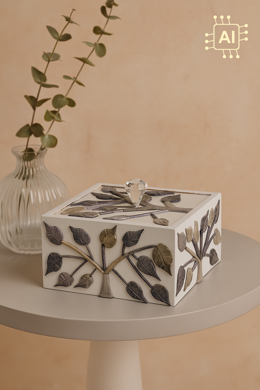 Handcrafted Leaf Inlay Cube Decorative Box with Crystal Knob – White Storage Organizer & Home Accent