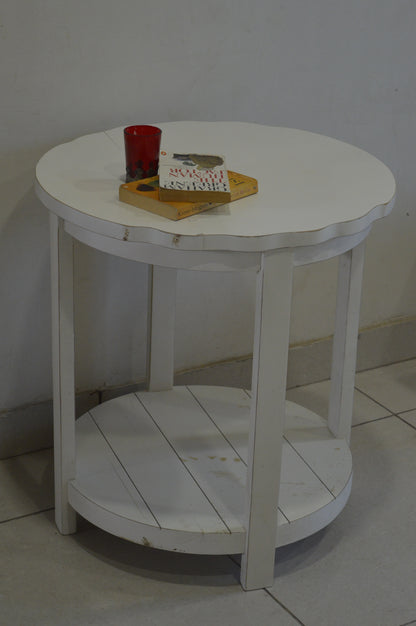 White Wooden Round Side Table with Lower Shelf – Rustic Modern End Table for Living Room & Bedroom