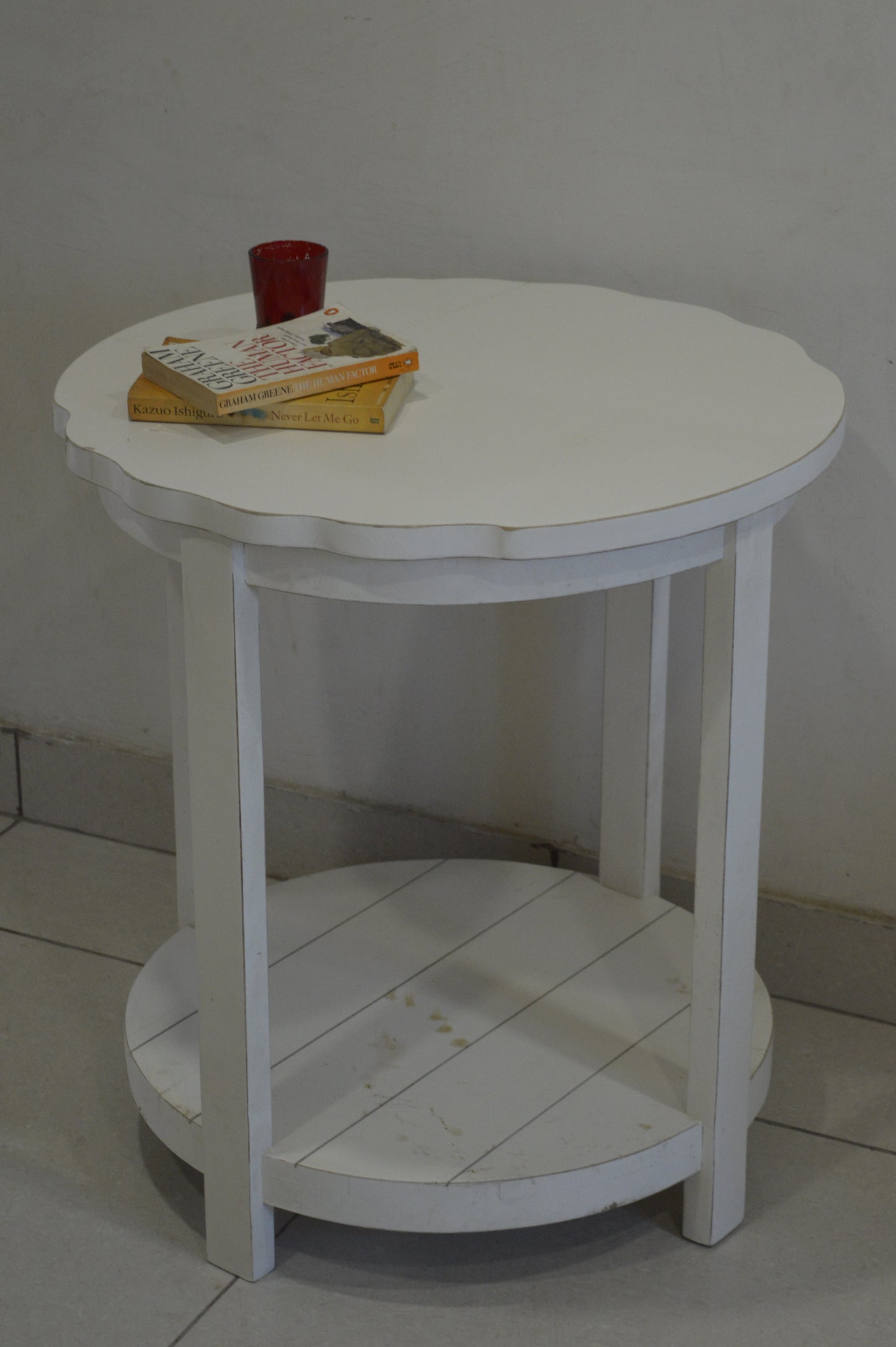 White Wooden Round Side Table with Lower Shelf – Rustic Modern End Table for Living Room & Bedroom