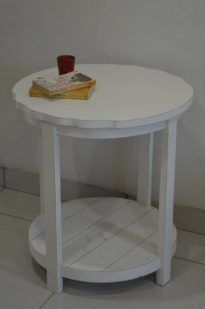 White Wooden Round Side Table with Lower Shelf – Rustic Modern End Table for Living Room & Bedroom