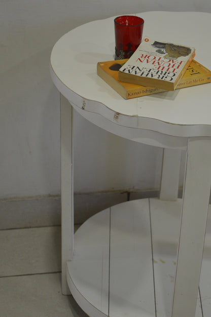 White Wooden Round Side Table with Lower Shelf – Rustic Modern End Table for Living Room & Bedroom